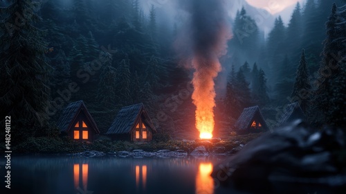 Burst of enchanted smoke rising from a spell gone awry in a quiet village.