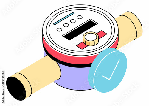Isometric Water Meter with Checkmark Illustration