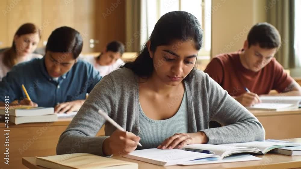University, students in classroom writing exam with books and education in studying at college. Knowledge, men and women in lecture hall for test, learning notes and future opportunity at academy University, students in classroom writing exam with books and education in studying at college. Knowledge, men and women in lecture hall for test, learning notes and future opportunity at academy