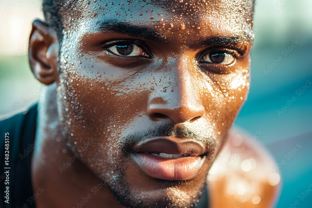 Close-up portrait of a sweaty dark-skinned athlete looking intently at the viewer after an intense workout on the blue running track Close-up portrait of a sweaty dark-skinned athlete looking intently at the viewer after an intense workout on the blue running track