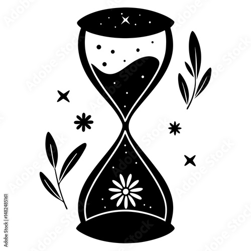 Hourglass with Stars, Flower, and Leaves Illustration