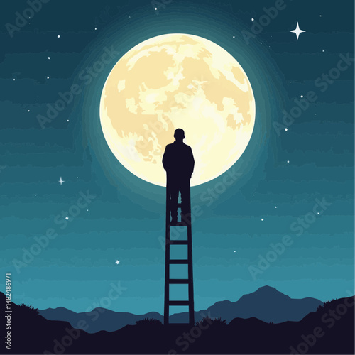 Man standing on ladder gazing at full moon in night sky  