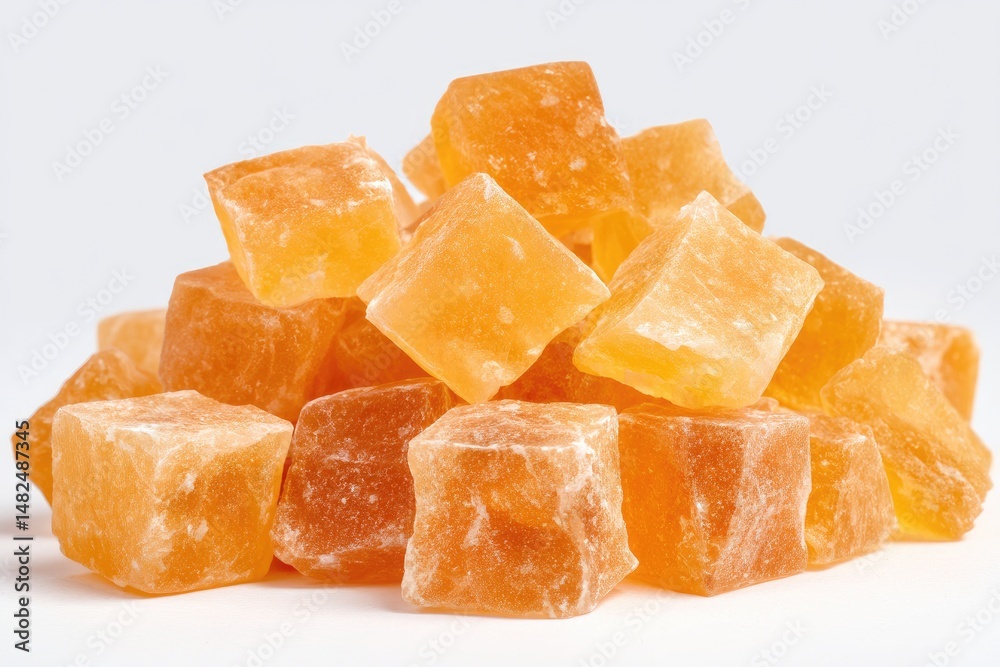 Pile of amber-colored, square-shaped, dried fruit pieces Pile of amber-colored, square-shaped, dried fruit pieces