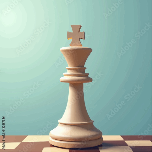 Large wooden king chess piece on a classic checkerboard 