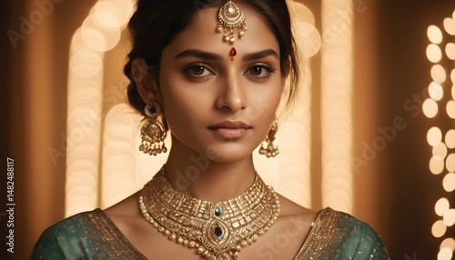 Stunning Indian Woman in Traditional Gold Jewelry with Luxurious Bokeh Background | AI Generated Portrait for Bridal, Fashion, or Cultural Concepts