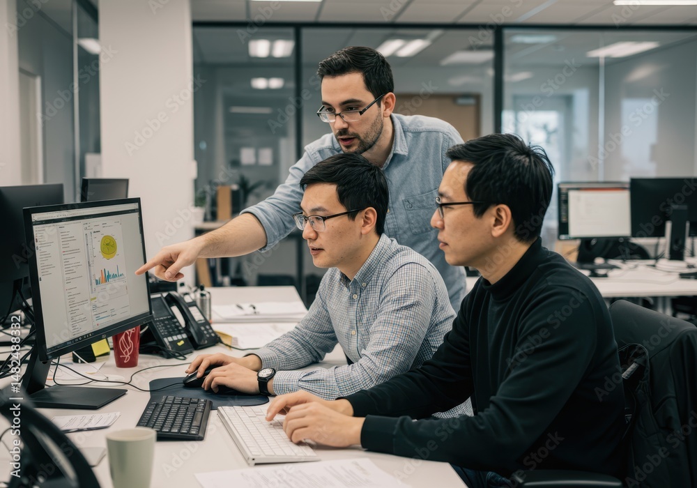 Fototapeta premium Three men are working together looking at data on a computer screen in an office environment