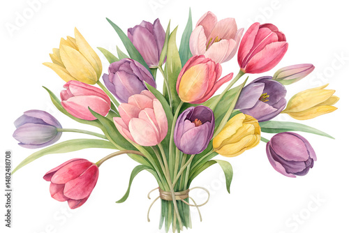 Watercolor Tulip Bouquet Isolated on Transparent Background
