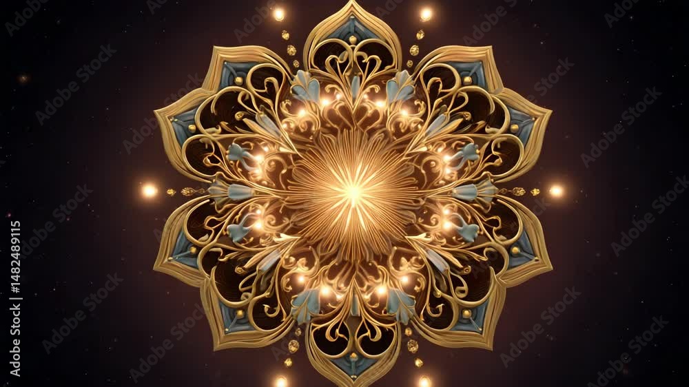 A radiant gold mandala design against a dark background, with intricate patterns and a central focal point
