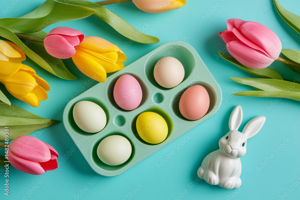Pastel Easter eggs in a holder with tulips and a bunny Pastel Easter eggs in a holder with tulips and a bunny