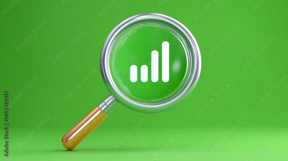 Magnifying Glass Zooming On A Floating Report Icon Against A Bright Green Background Magnifying Glass Zooming On A Floating Report Icon Against A Bright Green Background