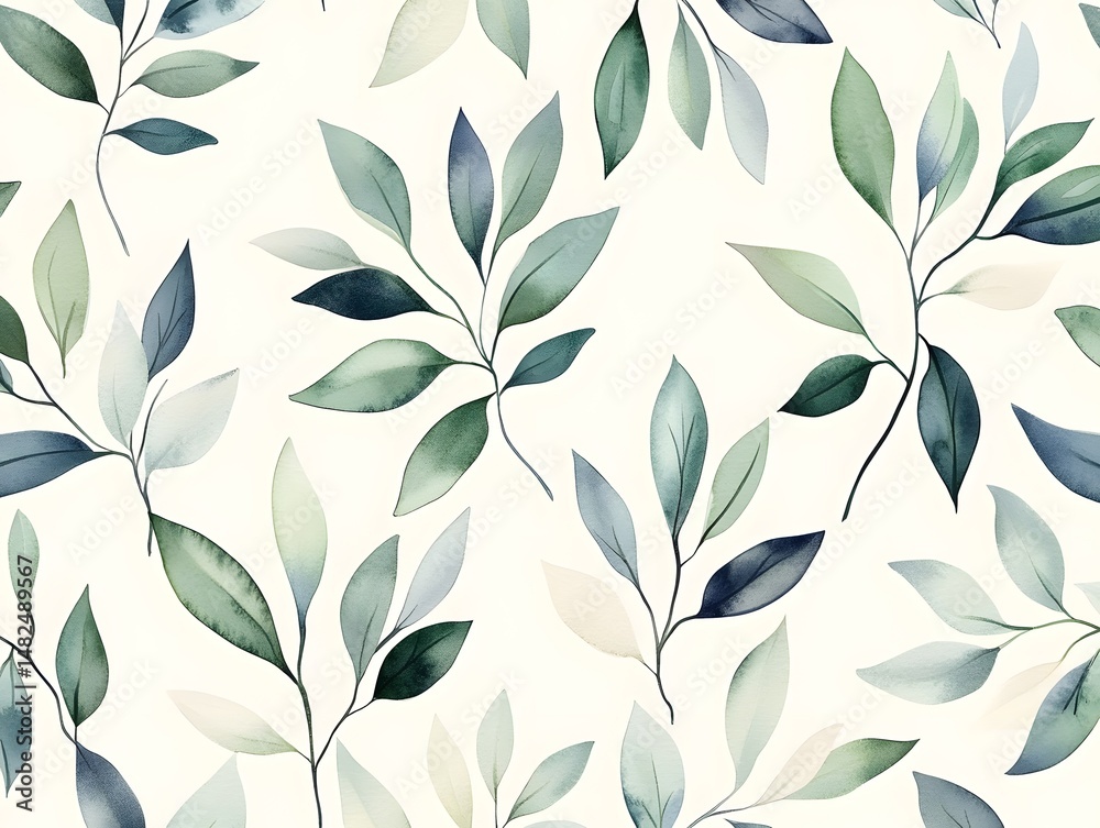 Seamless watercolor pattern of blue and green leaves on white background Seamless watercolor pattern of blue and green leaves on white background