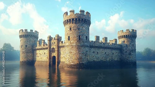 Medieval fortress on water, majestic stone structure. photo