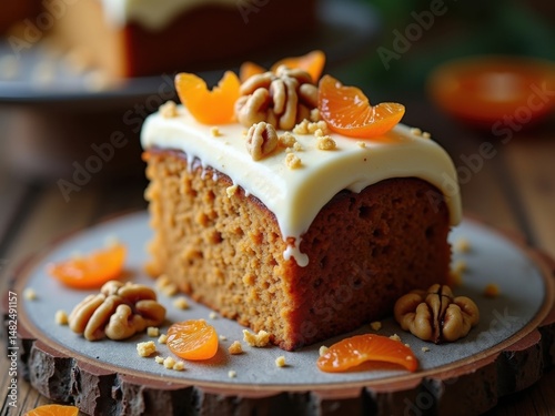 Rebanada de pastel de zanahoria con glaseado de queso crema, espolvoreada con nueces picadas y cáscara de naranja confitada