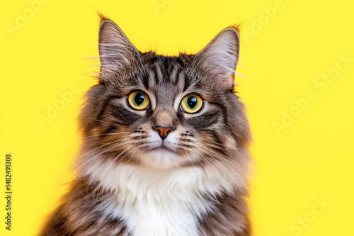 Portrait of fluffy striped cat on yellow background close-up, front view.