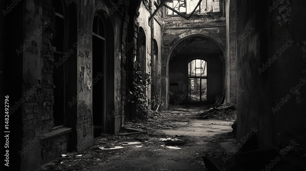 Fototapeta premium A dark, eerie abandoned building in grayscale 