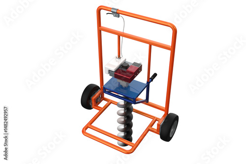 HOLE DIGGER GASOLINE AUGER SOIL DRILL Wheeled Post HANDHELD MACHINE FOR EARTH GROUND, Compact Soil Auger Machine for Planting Trees or Installing Fences, Facing Forward Wheels on a PNG Transparent 