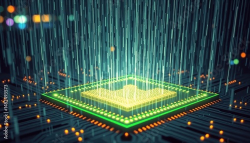 Futuristic Glowing Microchip: AI, Data Processing, Technology