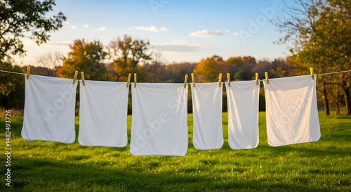 Wallpaper Mural White Laundry Drying on Clothesline in Grassy Field with Fall Foliage Trees under Bright Sky in Rural Setting Torontodigital.ca