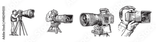 Illustrative Set of Photographers and Cameras in Vintage Style, logo design, engraving design, vector illustration