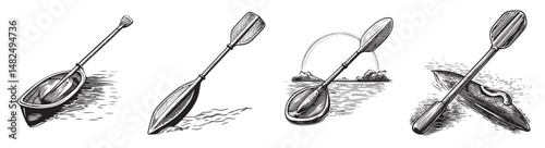 Vintage Style Kayak Paddles on Water Surface in Monochrome Illustration, logo design, engraving design, vector illustration