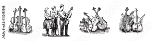 Vintage Illustration of Musicians with String Instruments in a Line, vintage retro hipster logo design, vector illustration, engraving design