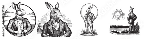 Dapper Rabbit in Suit Standing Proudly Against Scenic Backdrops, vintage retro hipster logo design, vector illustration, engraving design