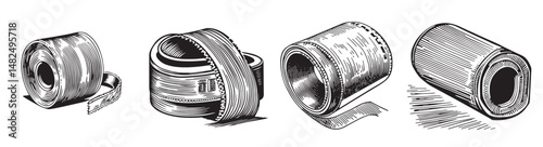 Vintage Drawing of Various Tape Rolls in Different Positions, vintage retro hipster logo design, vector illustration, engraving design