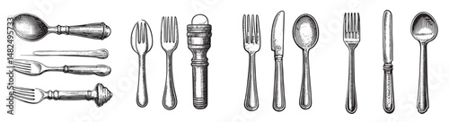 Vintage Cutlery Collection with Forks Spoons and Antique Design, vintage retro hipster logo design, vector illustration, engraving design