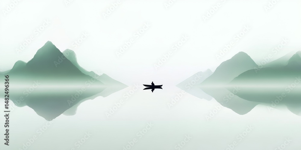 Fototapeta premium A lone boat on a calm lake with mountain reflections