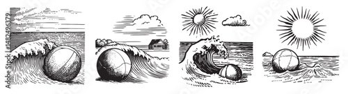 Vintage Style Beach Balls in Ocean Waves and Sunlit Scenery, Set Logo design, Vector Illustration, Engraving style