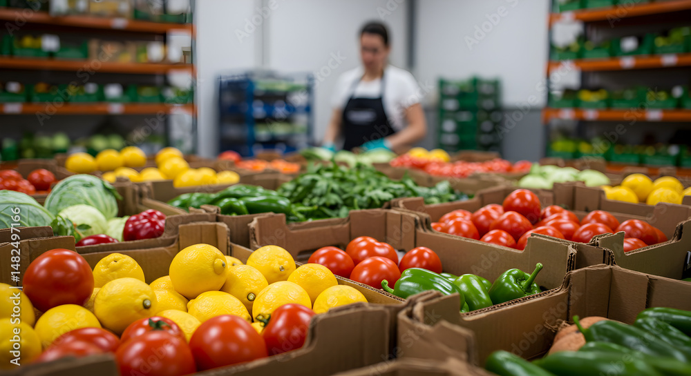 Fototapeta premium Abundant Fresh Produce Display in Cardboard Boxes with Tomatoes Peppers Cabbage and a Person Sorting Green Vegetables Indoors