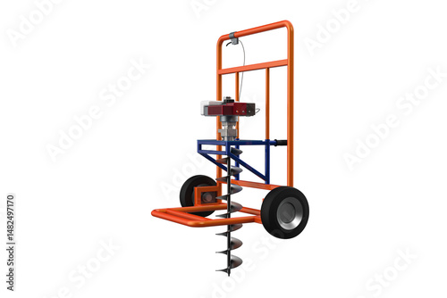 HOLE DIGGER GASOLINE AUGER SOIL DRILL Wheeled Post HANDHELD MACHINE FOR EARTH GROUND, Compact Soil Auger Machine for Planting Trees or Installing Fences, Facing Forward Wheels on a PNG Transparent 