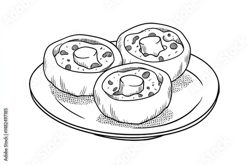Stuffed Mushrooms Sketch Food Illustration on Plate with Line Art.