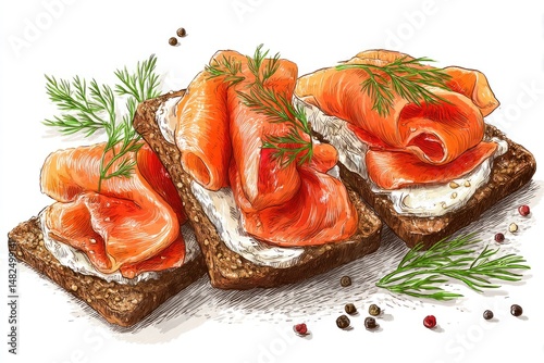 Smoked Salmon Toast Bites Creamy with Delicious  Fresh Illustration.