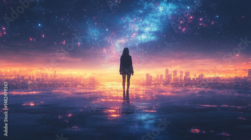 Silhouette of a woman standing on a water surface overlooking a city at night, with a starry sky above.