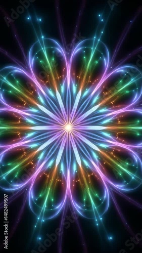 a vibrant abstract pattern of glowing light, resembling a colorful mandala. It exhibits a captivating interplay of swirling lines and hues, creating a mesmerizing visual effect.