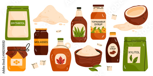 Set of natural organic sweeteners. Healthy sugar substitute collection. Vegan, gluten-free and diabetic-friendly product. Vector illustration in cartoon style. Isolated on white background