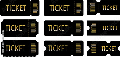 Set of black tickets with gold text and barcodes in various shapes. Ideal for VIP events, cinema, concerts, or luxury invitations. Vector EPS 10