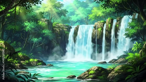 Vibrant waterfall amidst lush emerald jungle