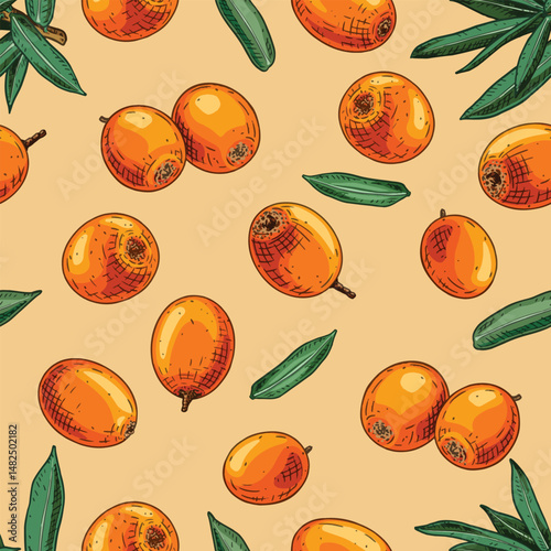 Hand drawn colorful fresh sea ​​buckthorn berries. Vector seamless pattern with sea buckthorn berries and leaves. For kitchen design, food packaging, textiles.