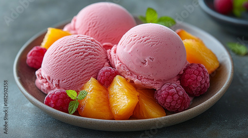 Pink ice cream scoops topped with fresh raspberries and peach slices on a plate.