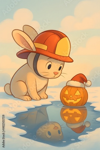 Cartoon rabbit with firefighter helmet watches reflected pumpkin