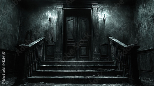 Abandoned dark hallway with wooden door and stairs.