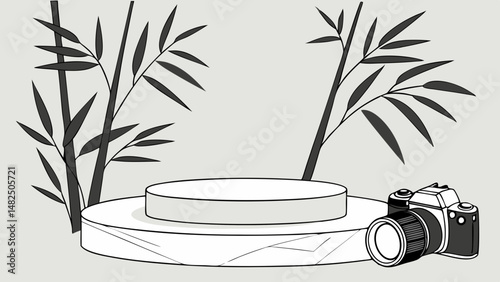 Vector white marble podium surrounded by bamboo plants and camera, creating serene presentation space