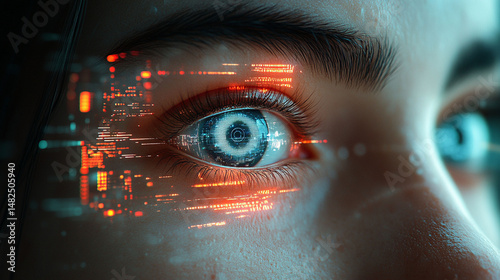 Close-up of a person's eye with a futuristic interface overlay, displaying digital data and glowing lines.
