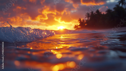 Dramatic sunset over tropical ocean waves.