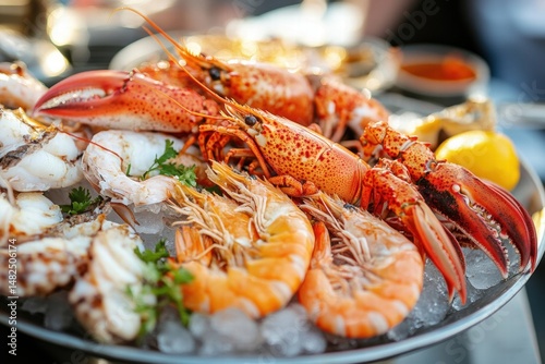 Cooked shrimp and lobster on seafood tray