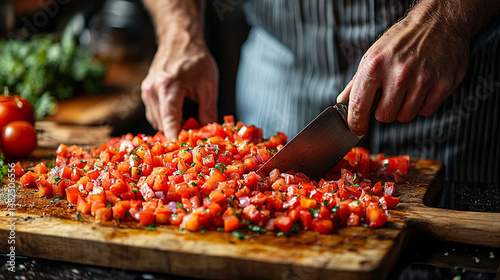 Close-up of hands chopping tomatoes on a wooden cutting board.