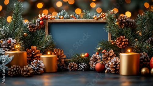 Christmas chalkboard display with candles, pine cones, and festive greenery. Warm, inviting holiday ambiance.