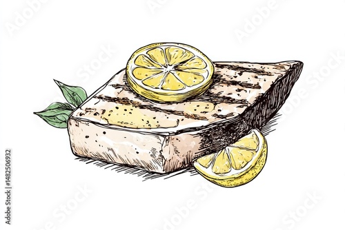 Grilled Swordfish Steak with Lemon Sketch  Fresh Seafood Art.